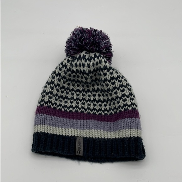 Outdoor Research Purple Striped Knit Pom-Pom Beanie One Size - Picture 1 of 5